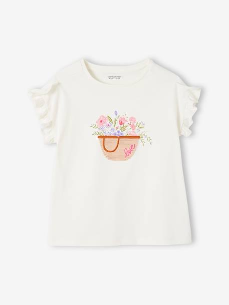 Camiseta bordada para niña de manga corta con volantes crudo 