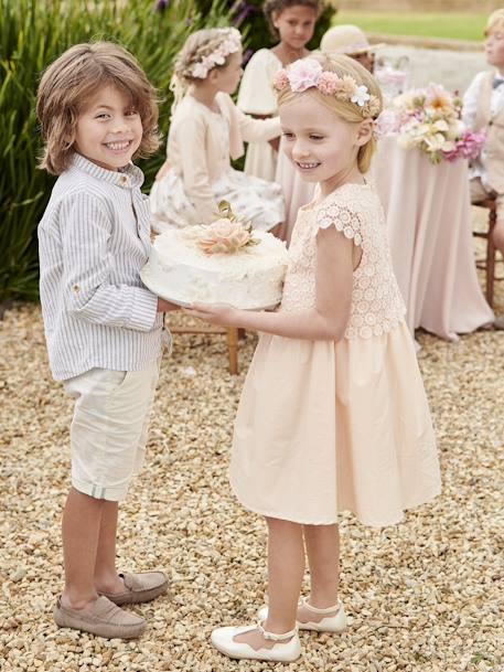 Vestido de ceremonia efecto 2 en 1 con superposición de macramé, para niña BLANCO CLARO LISO+nude 