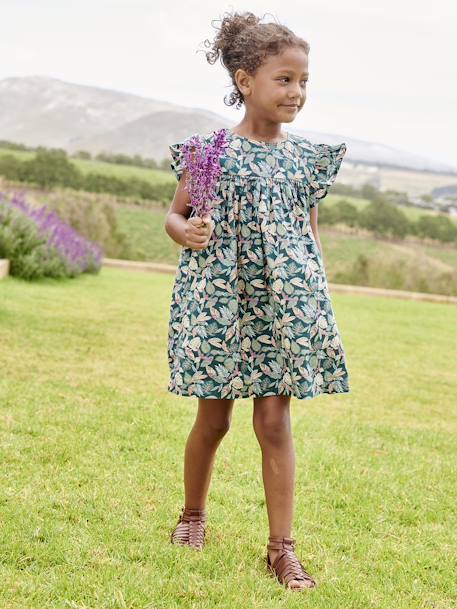 Vestido de manga corta con estampado y volantes para niña crudo+rosa rosa pálido+verde pino 