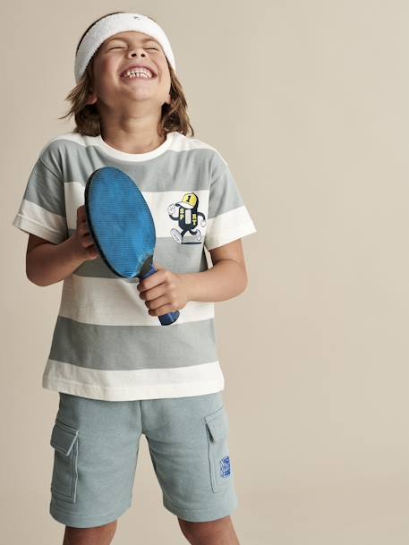 Camiseta deportiva mascota y rayas anchas para niño verde agua 