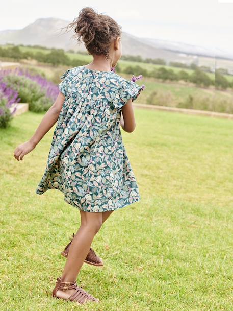 Vestido de manga corta con estampado y volantes para niña crudo+rosa rosa pálido+verde pino 