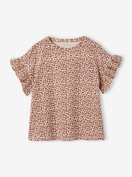 Camiseta de canalé con estampado de flores para niña beige+blanco estampado 