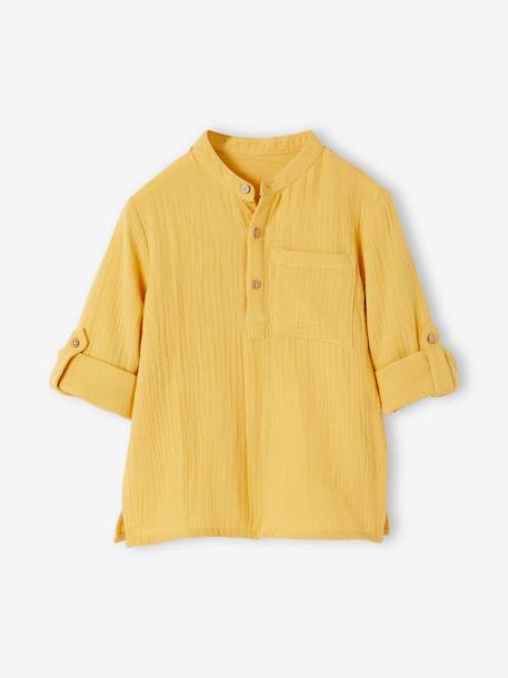 Camisa de gasa de algodón con mangas remangables, para niño amarillo+AZUL MEDIO LISO+crudo+verde 