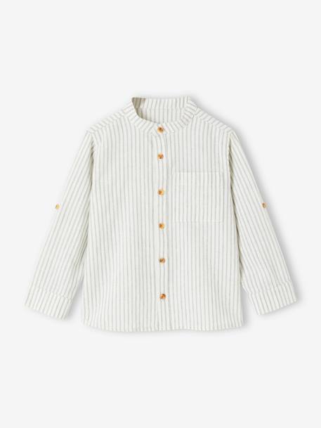 Camisa cuello mao a rayas algodón/lino mangas remangables para niño rayas verde 