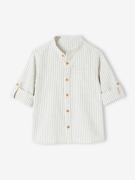 Camisa cuello mao a rayas algodón/lino mangas remangables para niño rayas verde 