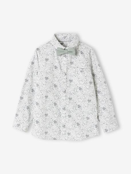 Camisa de flores y pajarita, para niño azul estampado+verde estampado 