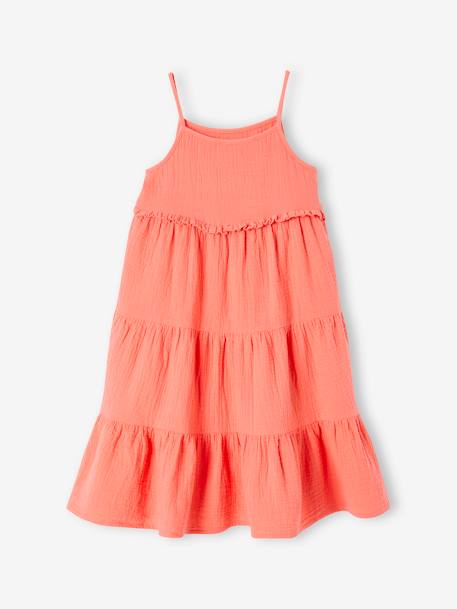 Vestido largo con tirantes de gasa de algodón para niña azul petróleo+coral+crudo+naranja estampado 