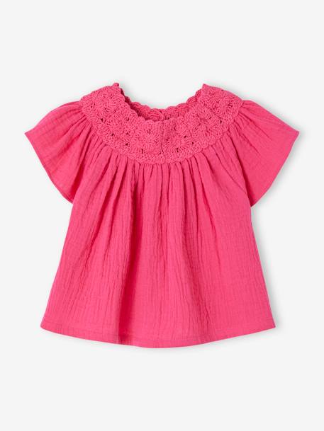 Blusa de gasa de algodón con cuello de ganchillo para bebé fucsia 