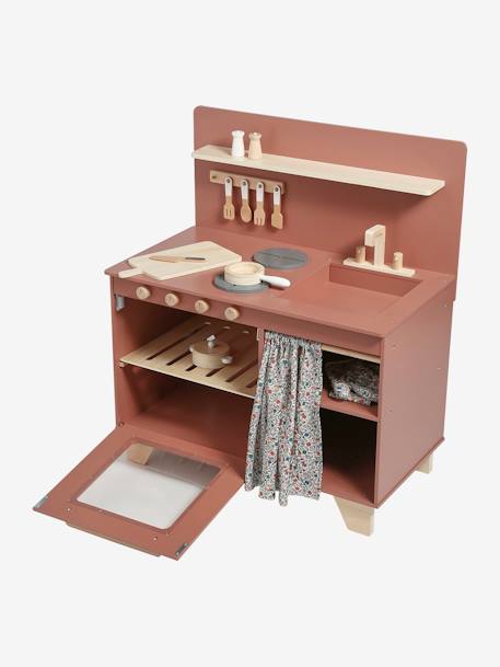 Cocinita equipada con cortina de madera FSC® BLANCO MEDIO LISO+rosa frambuesa 