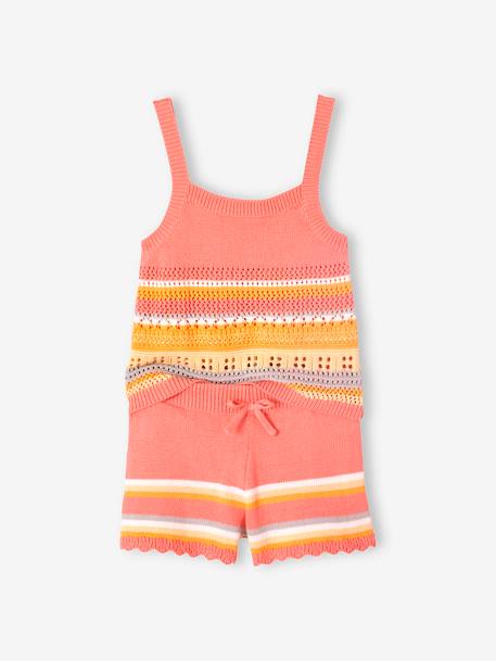 Conjunto top + short de punto fantasía para niña melocotón 