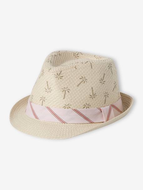 Sombrero de paja de papel con cinta a rayas para bebé niño beige 