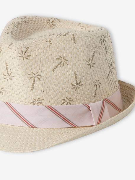 Sombrero de paja de papel con cinta a rayas para bebé niño beige 