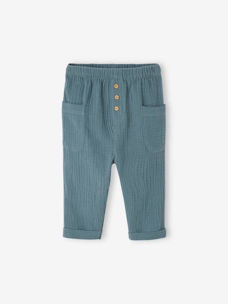 Pantalón de gasa de algodón para bebé verde azulado 