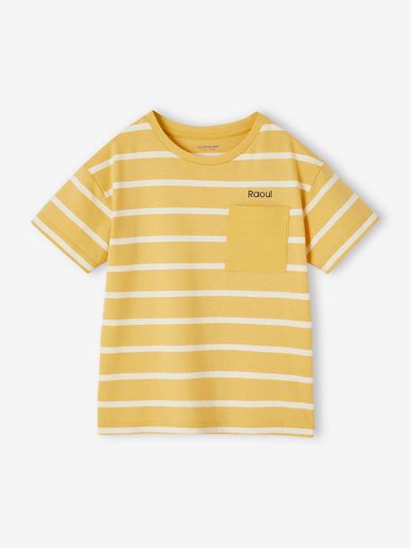 Camiseta a rayas personalizable para niño ocre+verde agua 