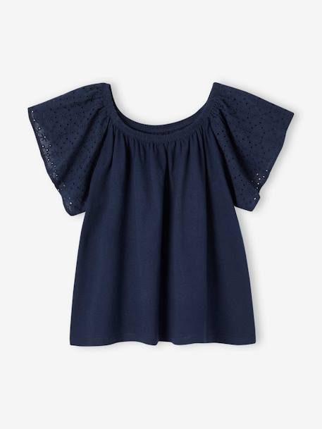 Camiseta para niña con mangas de bordado inglés azul marino+crudo 