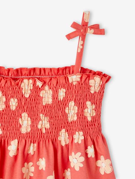 Camiseta sin mangas con smocks y estampado de flores, para niña nude+rojo+rosa rosa pálido+verde 