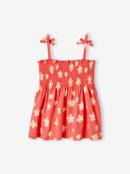 Camiseta sin mangas con smocks y estampado de flores, para niña rojo+rosa rosa pálido+verde 