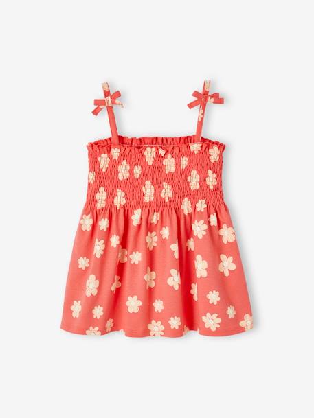 Camiseta sin mangas con smocks y estampado de flores, para niña rojo+rosa rosa pálido+verde 