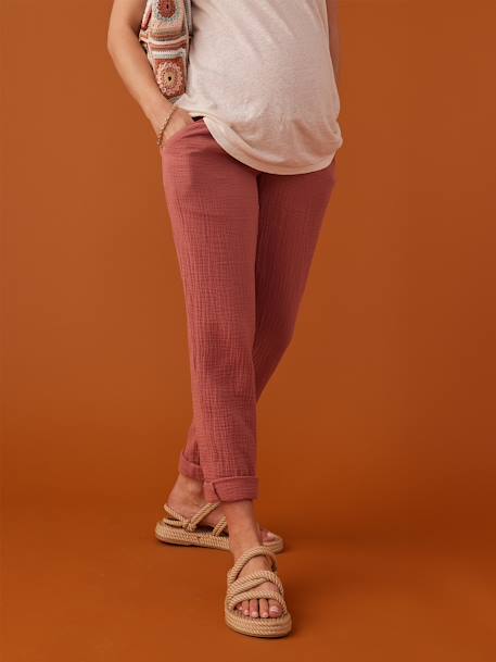 Pantalón para embarazo de gasa de algodón estilo paperbag ENVIE DE FRAISE beige arena+rosa viejo 