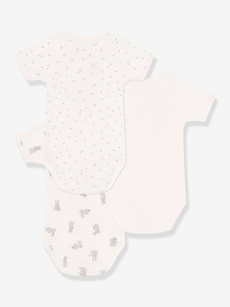 Pack de 3 bodies cruzados de manga corta con conejitos para bebé PETIT BATEAU blanco 