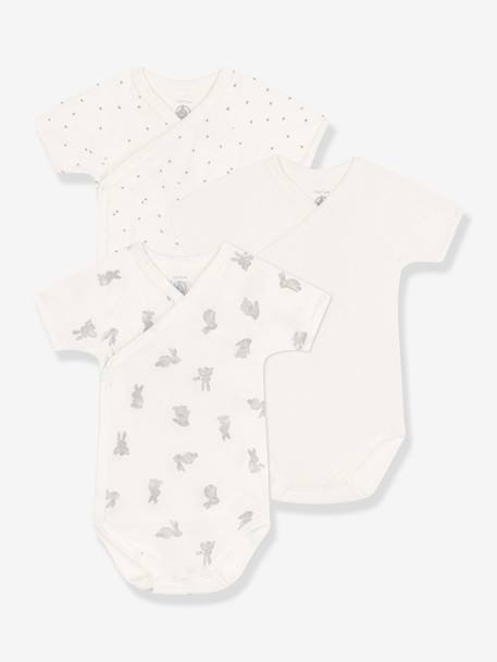 Pack de 3 bodies cruzados de manga corta con conejitos para bebé PETIT BATEAU blanco 