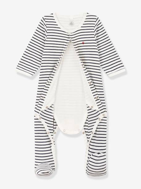 Body pijama a rayas de algodón orgánico PETIT BATEAU azul marino 