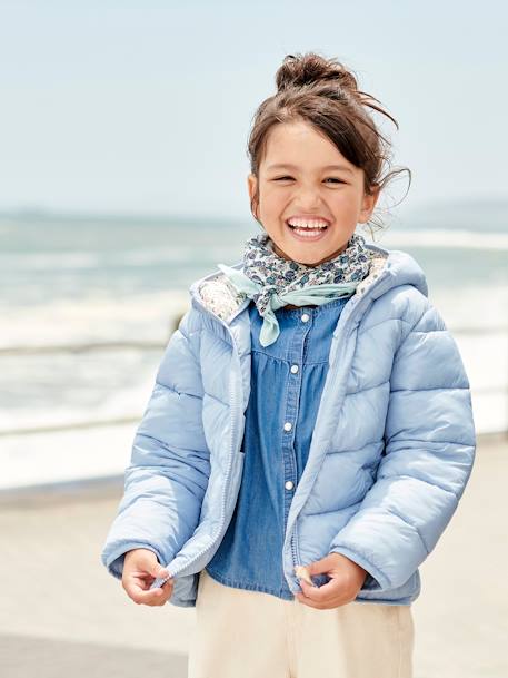 Chaqueta acolchada ligera con capucha para niña azul claro+azul marino+liquen+mostaza 