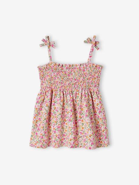 Camiseta sin mangas con smocks y estampado de flores, para niña rojo+rosa rosa pálido+verde 