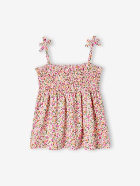 Camiseta sin mangas con smocks y estampado de flores, para niña rojo+rosa rosa pálido+verde 