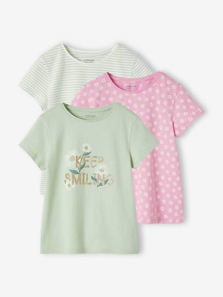 Pack de 3 camisetas surtidas con detalles irisados, para niña amarillo pastel+verde sauce 