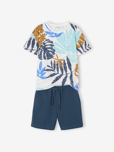 Conjunto camiseta + short de gasa de algodón para niño azul oscuro 