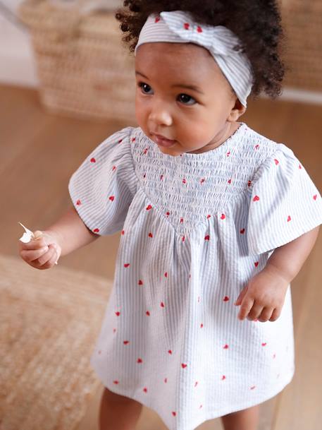 Conjunto de seersucker bebé vestido + short + cinta para el pelo rayas azul 