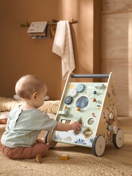 Carrito andador con frenos de madera FSC® BLANCO MEDIO LISO CON MOTIVOS+madera+rosa 