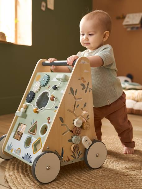 Carrito andador con frenos de madera FSC® BLANCO MEDIO LISO CON MOTIVOS+madera+rosa 