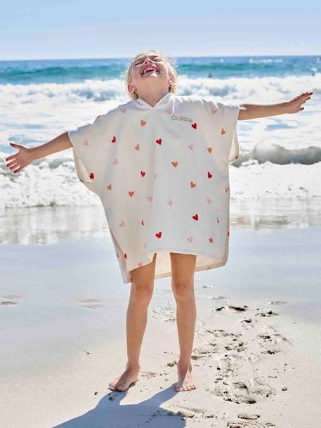 Poncho de baño infantil personalizable CORAZONES con algodón reciclado blanco estampado 