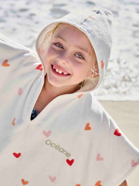 Poncho de baño infantil personalizable CORAZONES con algodón reciclado blanco estampado 