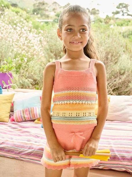 Conjunto top + short de punto fantasía para niña melocotón 