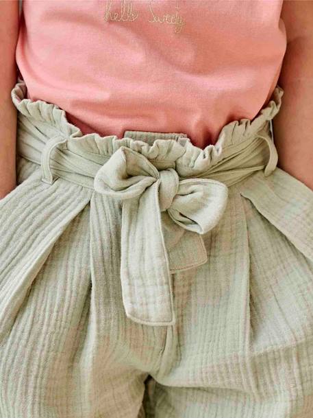 Pantalón pesquero ancho de gasa de algodón estilo «paperbag» para niña crudo+rosa viejo+verde sauce 