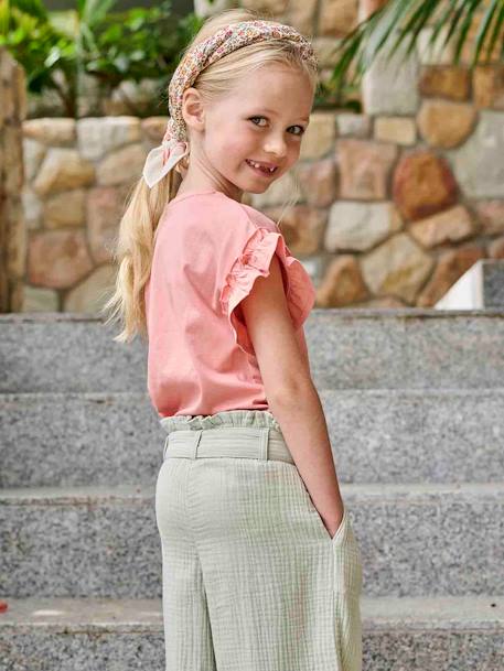 Pantalón pesquero ancho de gasa de algodón estilo «paperbag» para niña rosa viejo+verde sauce 