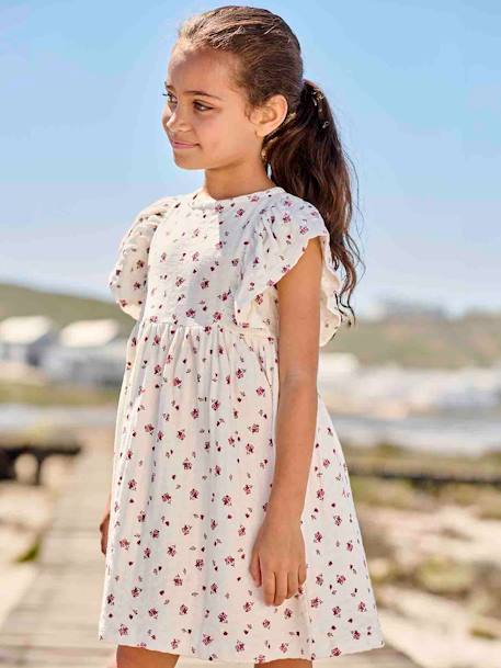 Vestido con flores y punto en relieve para niña crudo+mandarina+rosa chicle 