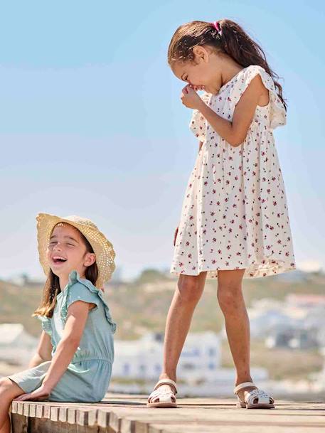 Vestido con flores y punto en relieve para niña crudo+mandarina+rosa chicle 