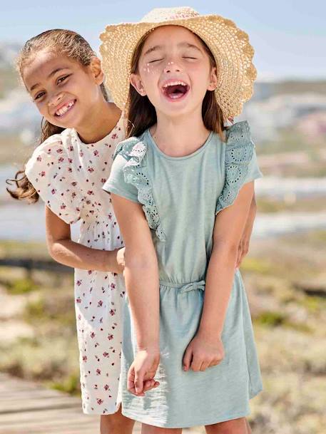 Vestido con volantes de bordado inglés para niña amarillo pálido+azul marino+verde grisáceo 