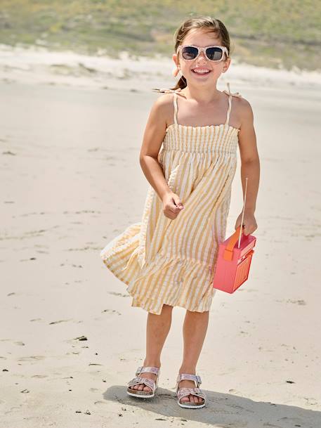 Vestido con smocks a rayas de seersucker para niña rayas amarillas 