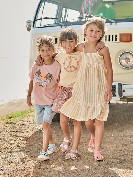 Vestido con smocks a rayas de seersucker para niña rayas amarillas 