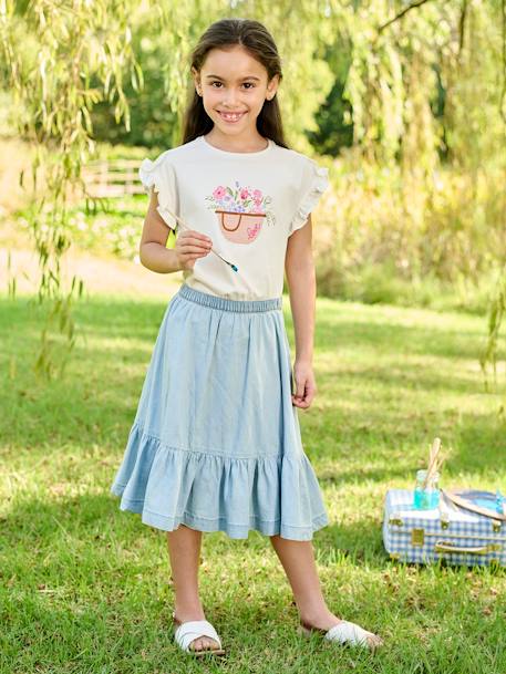 Camiseta bordada para niña de manga corta con volantes crudo 