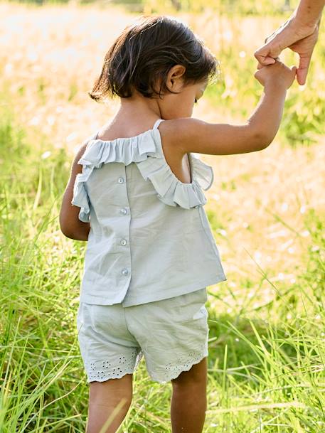 Conjunto bebé: blusa con tirantes + short bordado azul hielo 