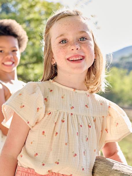 Blusa estampada de gasa de algodón orgánico para niña con mangas tipo mariposa crudo+rosa 