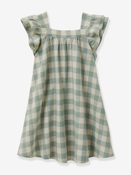 Vestido cuadros vichy de lino y algodón para niña CYRILLUS verde agua 