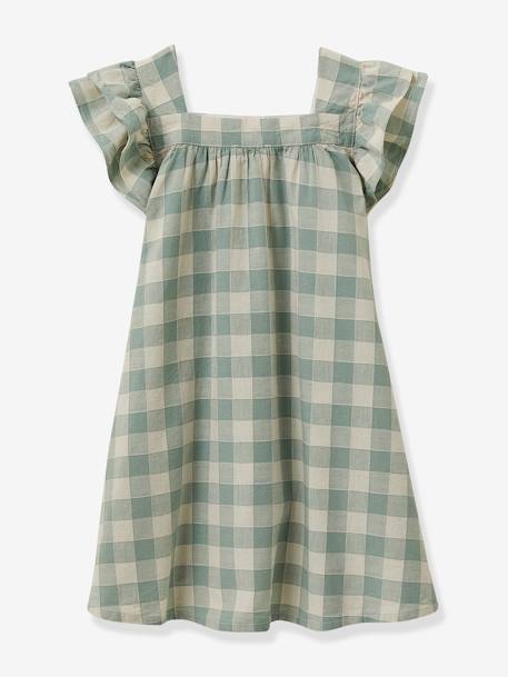 Vestido cuadros vichy de lino y algodón para niña CYRILLUS verde agua 