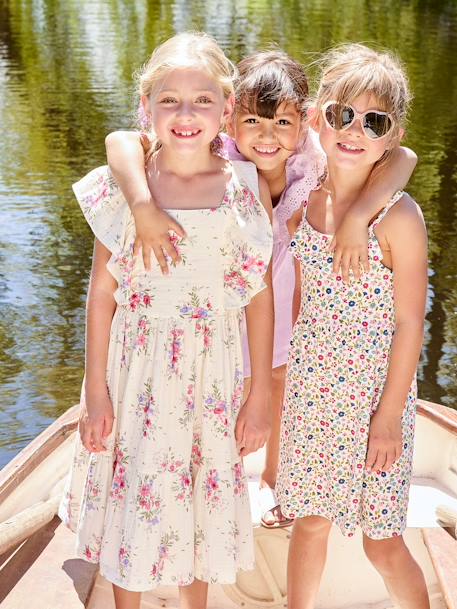 Vestido con flores de gasa de algodón para niña crudo 